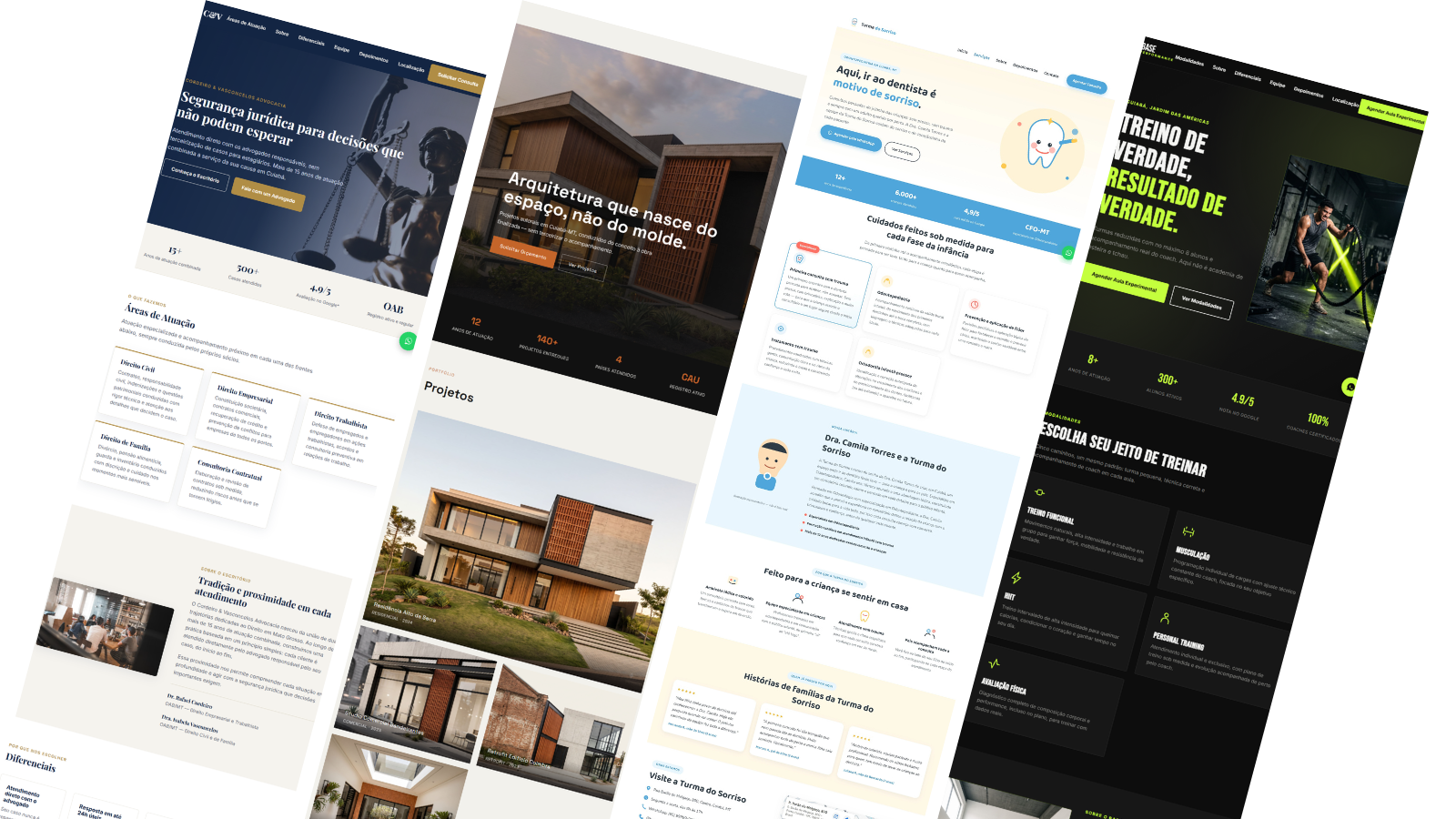 Mockups de quatro sites desenvolvidos pela RHK Tech Solutions: escritório de advocacia, estúdio de arquitetura, clínica odontológica infantil e academia